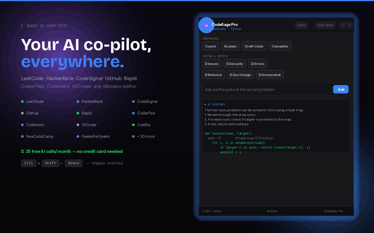CodeSage Pro works on LeetCode, HackerRank, GitHub and 30+ coding sites